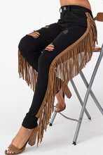 Load image into Gallery viewer, Destroyed Pants With Leather Tassel Black Denim Jeans Medium .