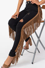 Load image into Gallery viewer, Destroyed Pants With Leather Tassel Black Denim Jeans Small
