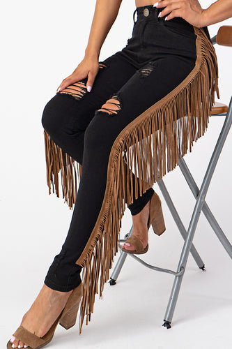 Destroyed Pants With Leather Tassel Black Denim Jeans Small