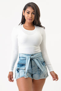 Sleeve Front Tie Denim Cargo Shorts-Acid Wash Jeans  Large Size .