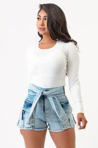 Sleeve Front Tie Denim Cargo Shorts-Acid Wash Jeans  Large Size .