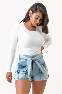Sleeve Front Tie Denim Cargo Shorts-Acid Wash Jeans  Large Size .