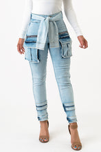 Load image into Gallery viewer, Sleeve Front Tie Denim Cargo Pants -Acid Wash  Medium Size .