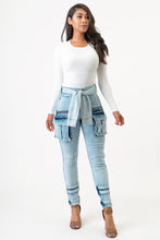 Load image into Gallery viewer, Sleeve Front  Tie Denim Cargo Pants-Acid Wash Large Size.