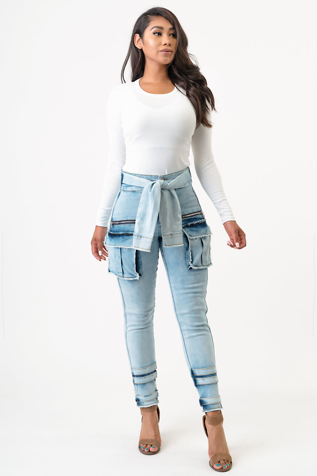 Sleeve Front Tie Denim Cargo Pants- Acid Wash X-Large Size .