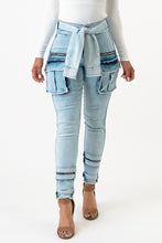 Load image into Gallery viewer, Sleeve Front  Tie Denim Cargo Pants-Acid Wash Large Size.