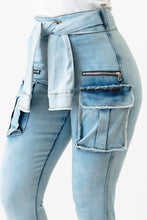 Load image into Gallery viewer, Sleeve Front Tie Denim Cargo Pants- Acid Wash X-Large Size .