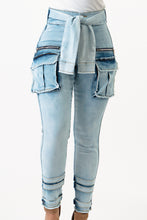 Load image into Gallery viewer, Sleeve Front Tie Denim Cargo Pants -Acid Wash  Medium Size .