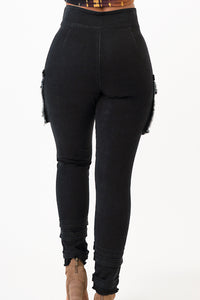 Sleeve Front Tie Black Denim Cargo Pants Jeans Large Size .
