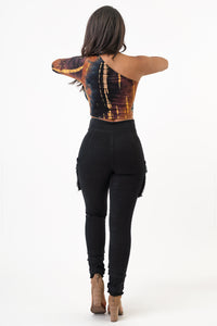 Sleeve Front Tie Black Denim Cargo Pants Jeans Large Size .