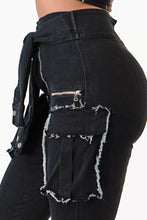Load image into Gallery viewer, Sleeve Front Tie Black Denim Cargo Pants Jeans Large Size .