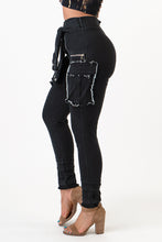 Load image into Gallery viewer, Sleeve Front Tie Black Denim Cargo Pants Jeans X-Large Size.
