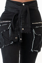 Load image into Gallery viewer, Sleeve Front Tie Black Denim Cargo Pants Jeans Large Size .