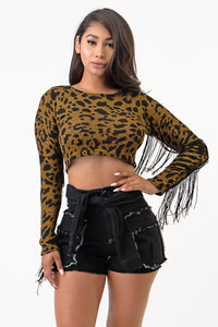 2Tone Hacci Animal Print Long Sleeve Top With Fringe Medium