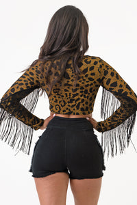 2Tone Hacci Animal Print Long Sleeve Top With Fringe Medium