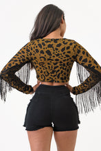 Load image into Gallery viewer, 2Tone Hacci Animal Print Long Sleeve Top With Fringe Small