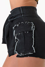 Load image into Gallery viewer, Sleeve Front Tie Black Denim Cargo Shorts  jeans Large Size .