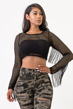 Load image into Gallery viewer, Fish Net Long Sleeve Top With Fringe Medium