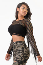 Load image into Gallery viewer, Fish Net Long Sleeve Top With Fringe Medium