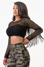 Load image into Gallery viewer, Fish Net Long Sleeve Top With Fringe X-Large