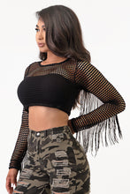 Load image into Gallery viewer, Fish Net Long Sleeve Top With Fringe X-Large